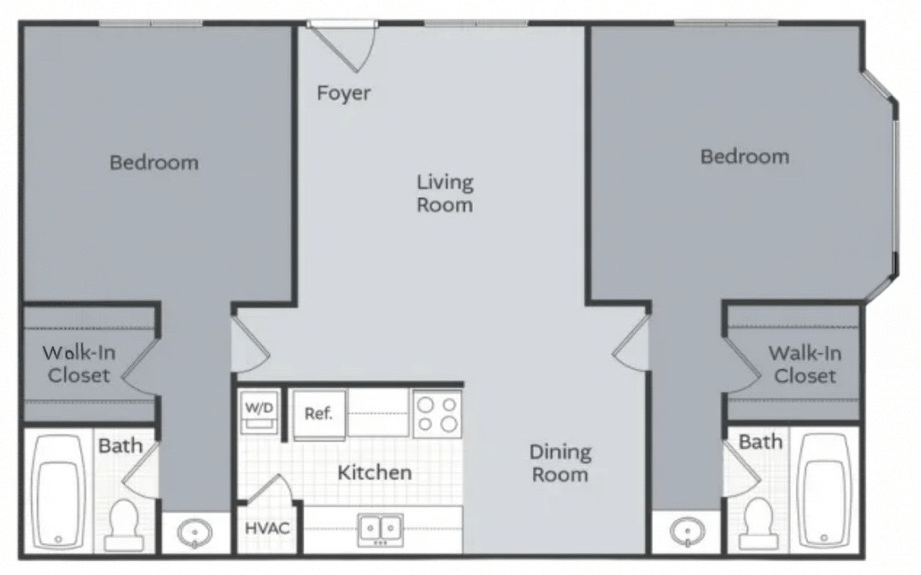 Floor plan for 2 beds, 2 baths, 950 sqft